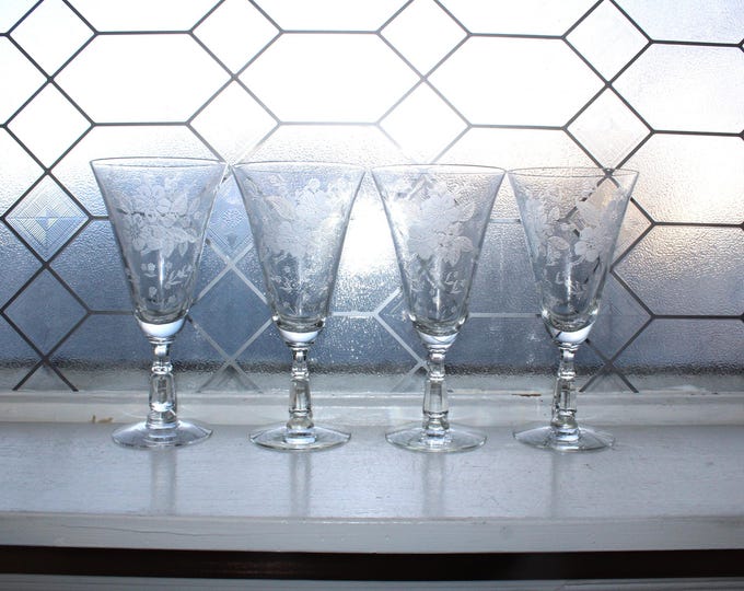 4 Vintage Duncan & Miller Crystal Language of Flowers Water Goblets