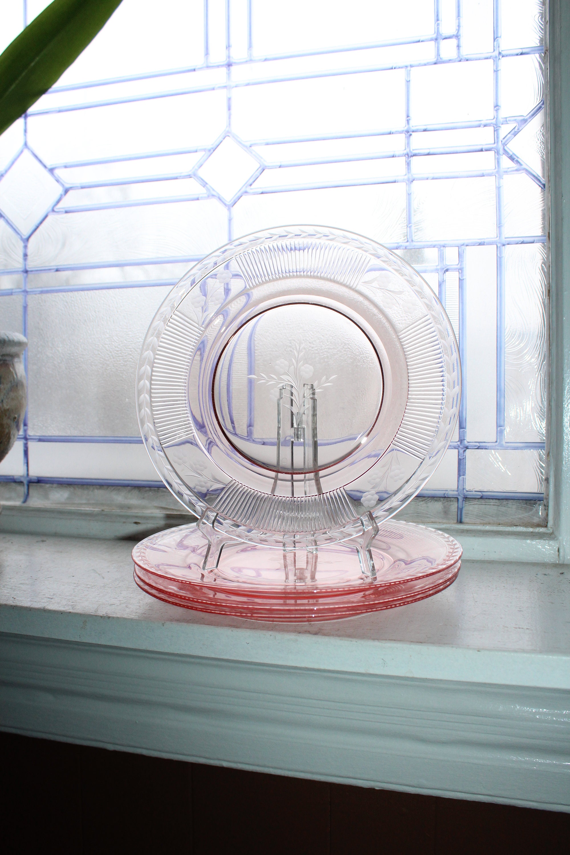 12 Pink Depression Elegant Etched Glass Luncheon Plates Vintage 1920s