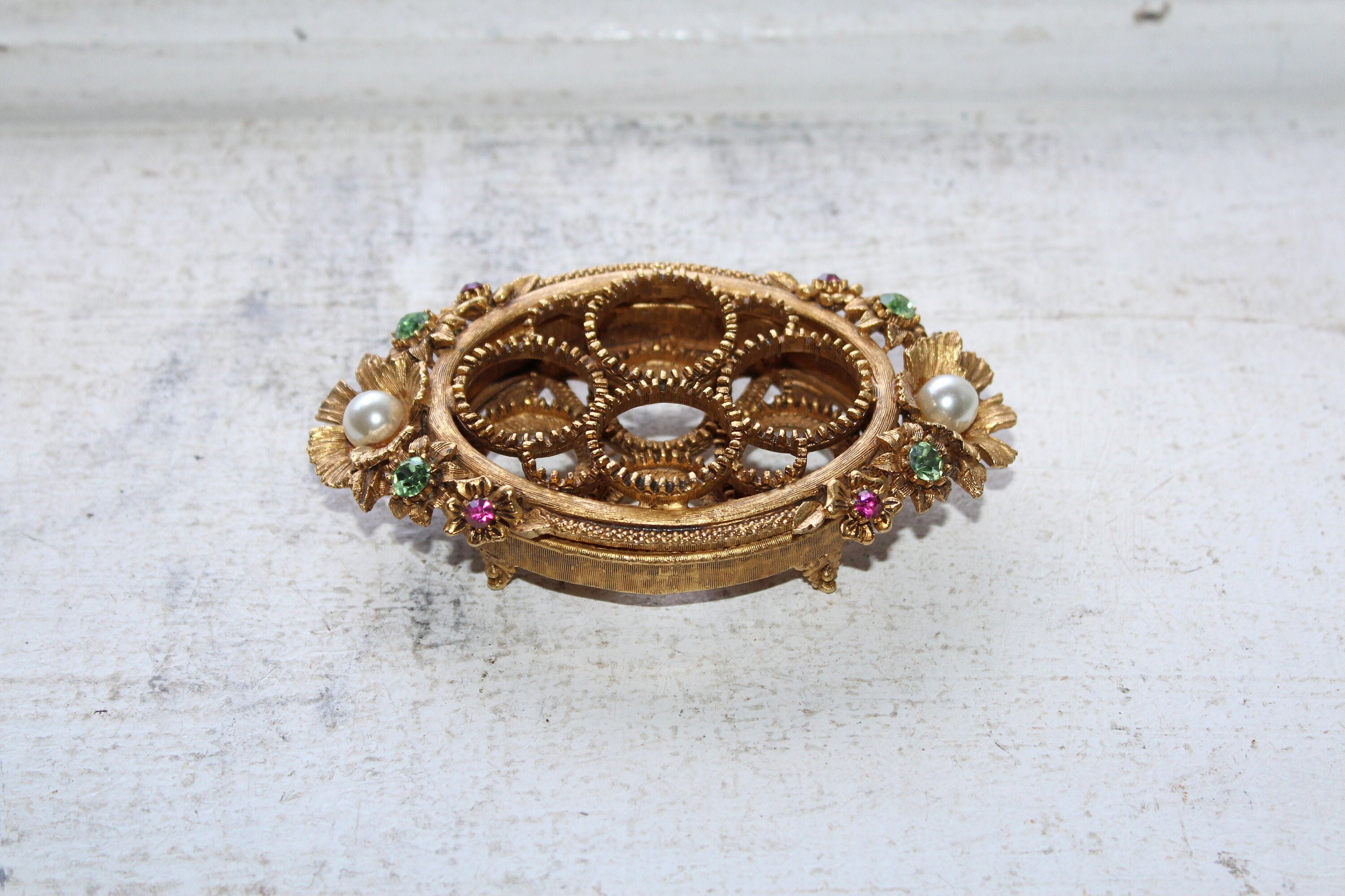 Ornate Vintage Florenza Jeweled Lipstick Holder Gold Tone Ormolu