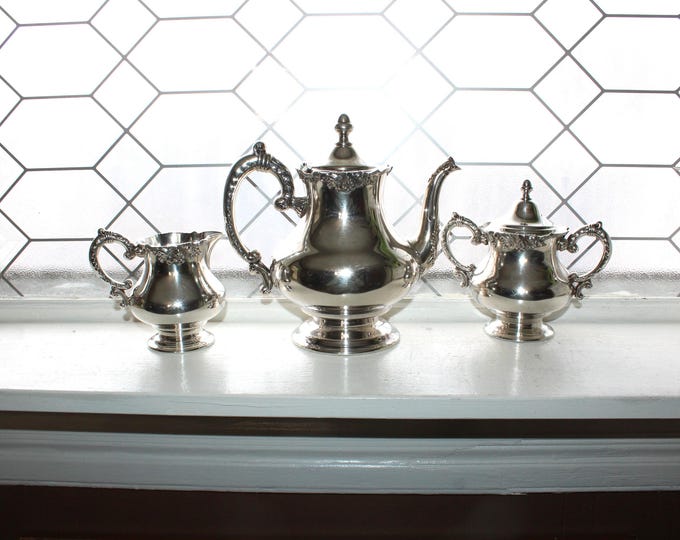 Antique Silverplate Teapot Creamer & Sugar EG Webster Silver Co Grape Pattern