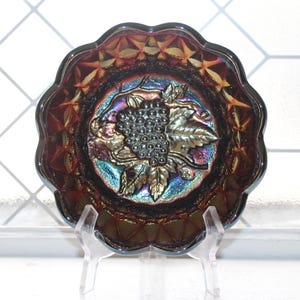 Fenton Carnival Glass Candy Dish Bowl Grapes and Leaves Amethyst Purple