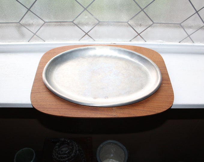 Danish Modern Style Teak Wood & Pewter Platter Gladmark Mid Century