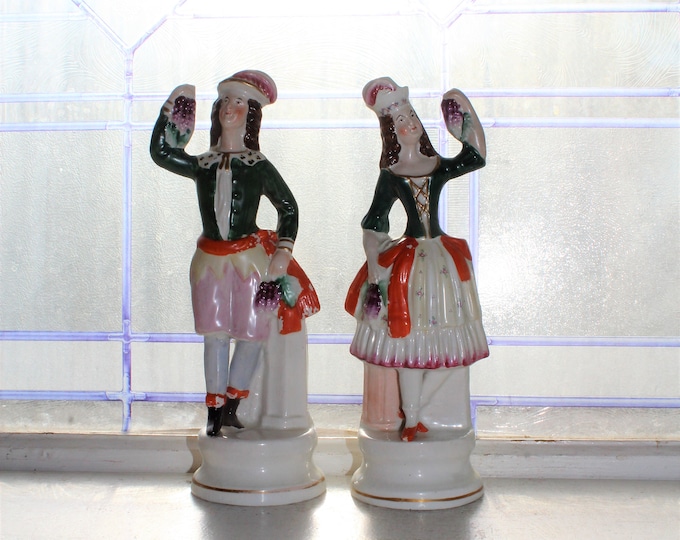 Antique Staffordshire Pottery Figurines Man & Woman Holding Grapes