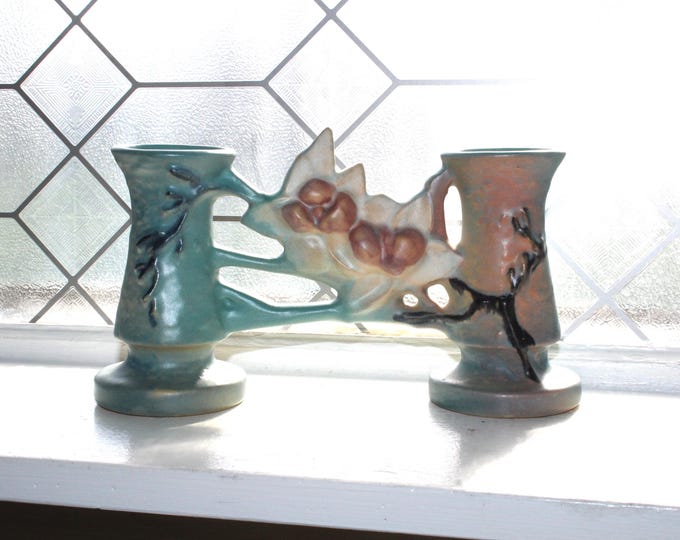 Roseville Pottery Blue Magnolia Double Vase 186-4 1940s Art Deco