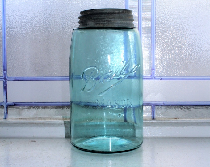 Antique Blue Ball Mason Jar Quart Three L Logo Circa 1896 to 1910