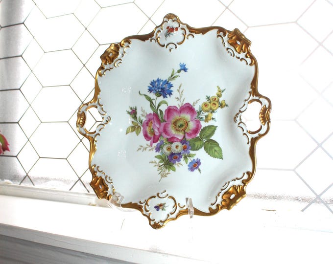 Large Vintage Alka Kunst Bavaria Porcelain Tray Floral Design and Gilt Trim