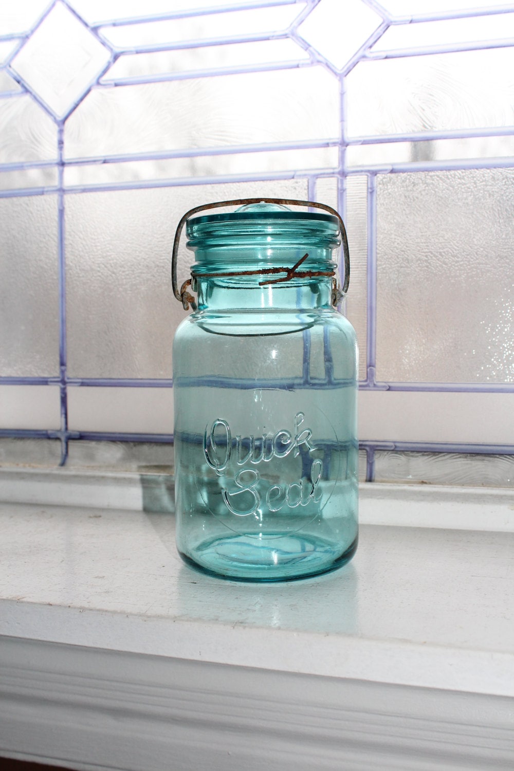 Blue Quick Seal Jar Quart Mason Jar Vintage 1920s Glass Lid Wire Closure