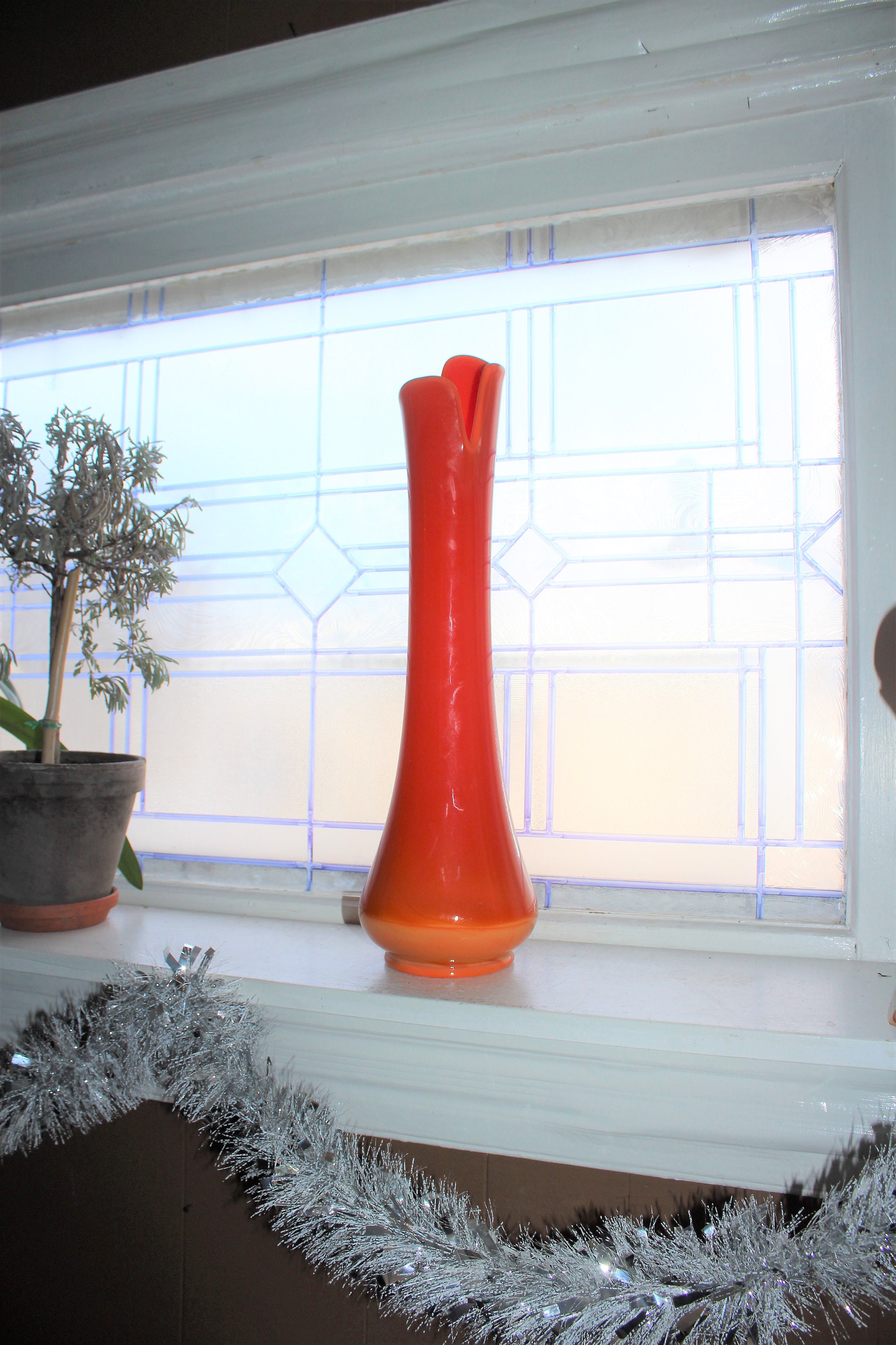 Large Bittersweet Orange Swung Glass Vase 18 Vintage Mid Century