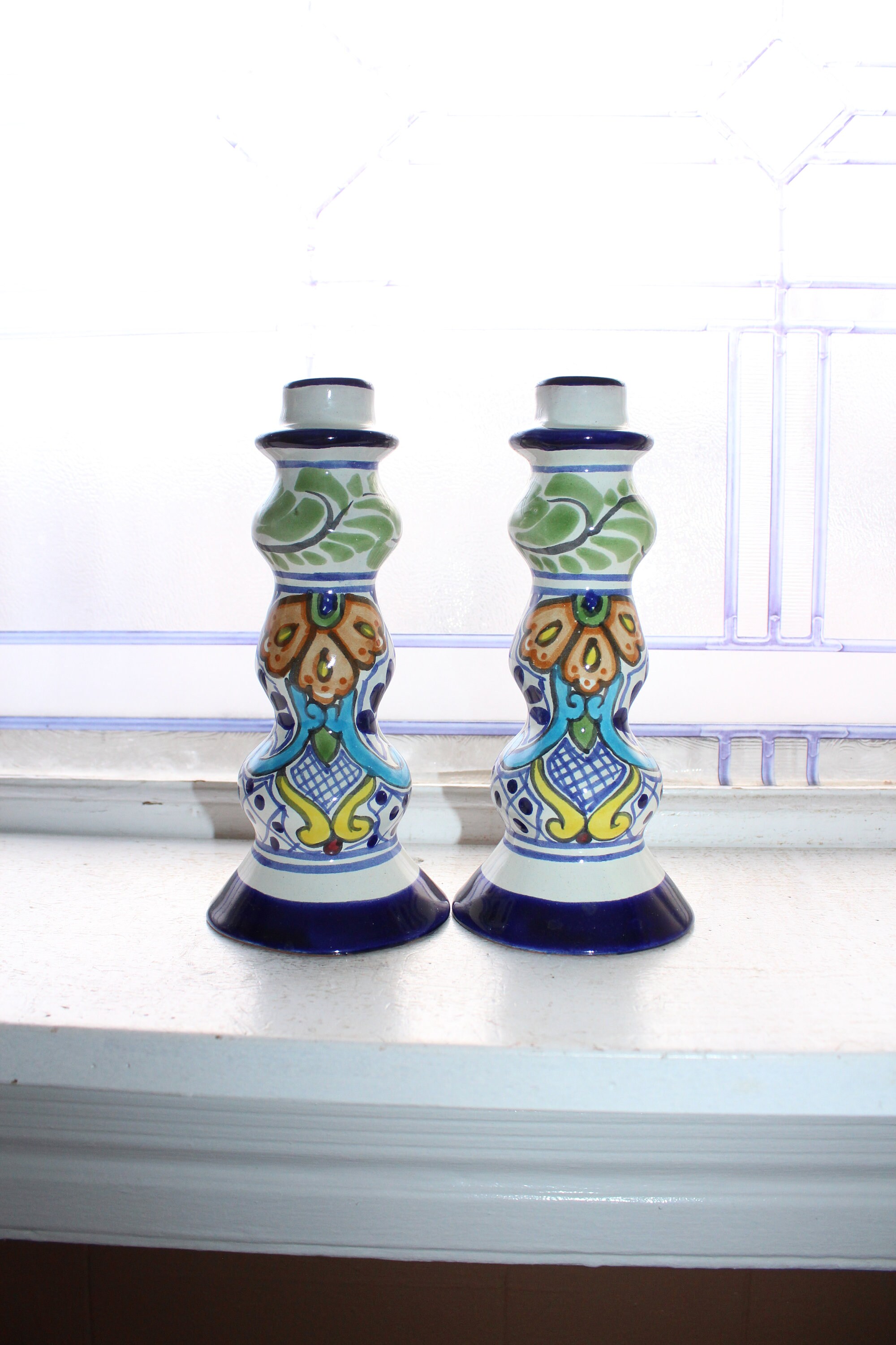 Colorful Pottery Candlestick Holders Pair Vintage Mexico