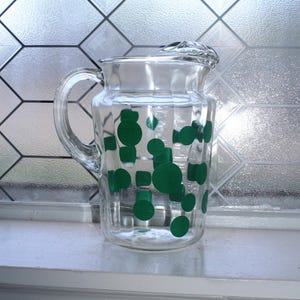 Mid Century Glass Pitcher with Ice Lip Green Polka Dots