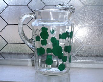 Mid Century Glass Pitcher with Ice Lip Green Polka Dots