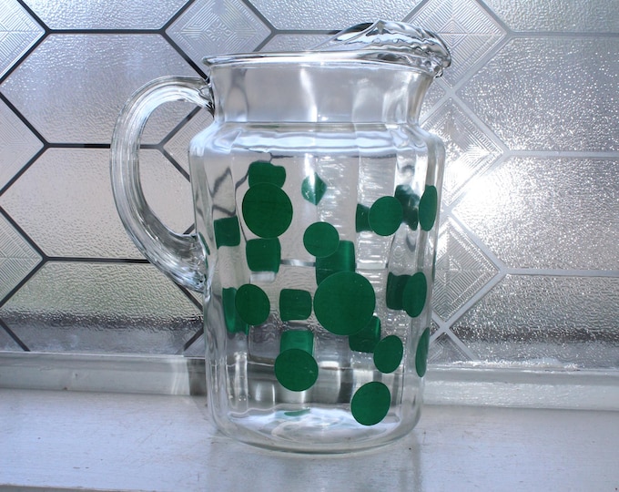 Mid Century Glass Pitcher with Ice Lip Green Polka Dots