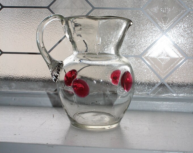 Vintage Mid Century Modern Glass Pitcher Square Top Red Dots on Clear