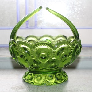 Vintage Green Glass Candy Dish Moon and Star Pattern