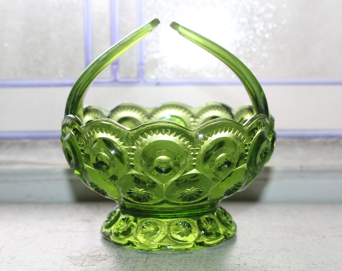 Vintage Green Glass Candy Dish Moon and Star Pattern