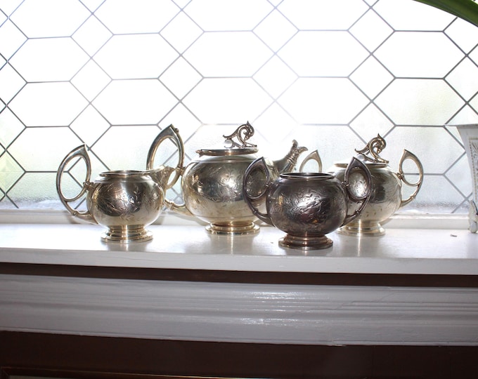Antique 4 Pc Silverplate Fish Spout Tea Service by James W Tufts