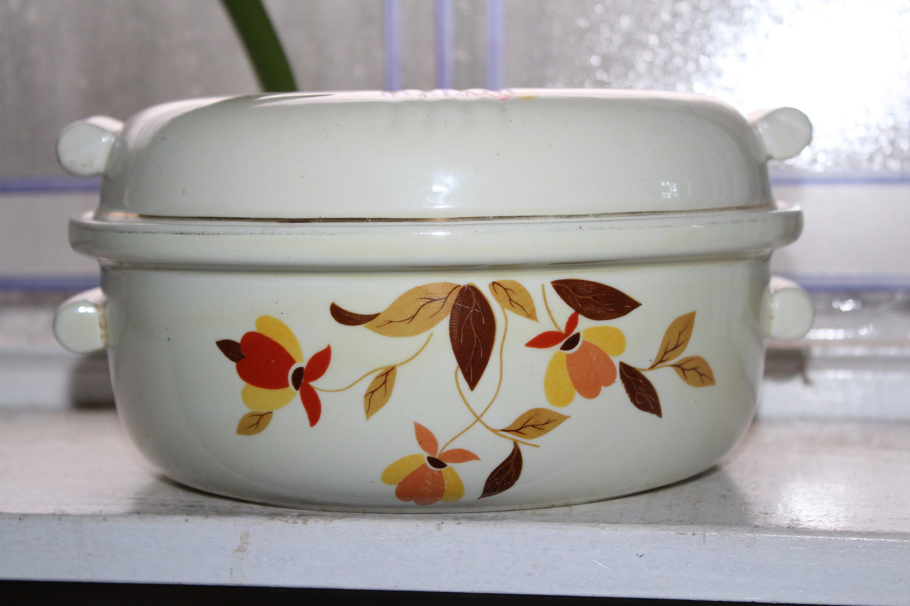 Hall China Autumn Leaf Handled Casserole with Lid Vintage 1950s