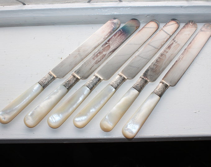 6 Antique Mother of Pearl Handled Dinner Knives AF Towle & Son