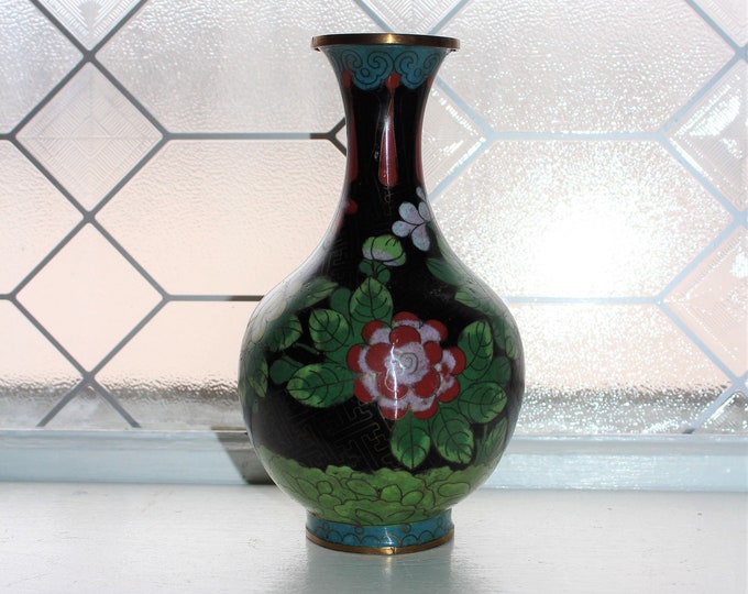 Vintage Chinese Cloisonne Vase Floral on Black 8"