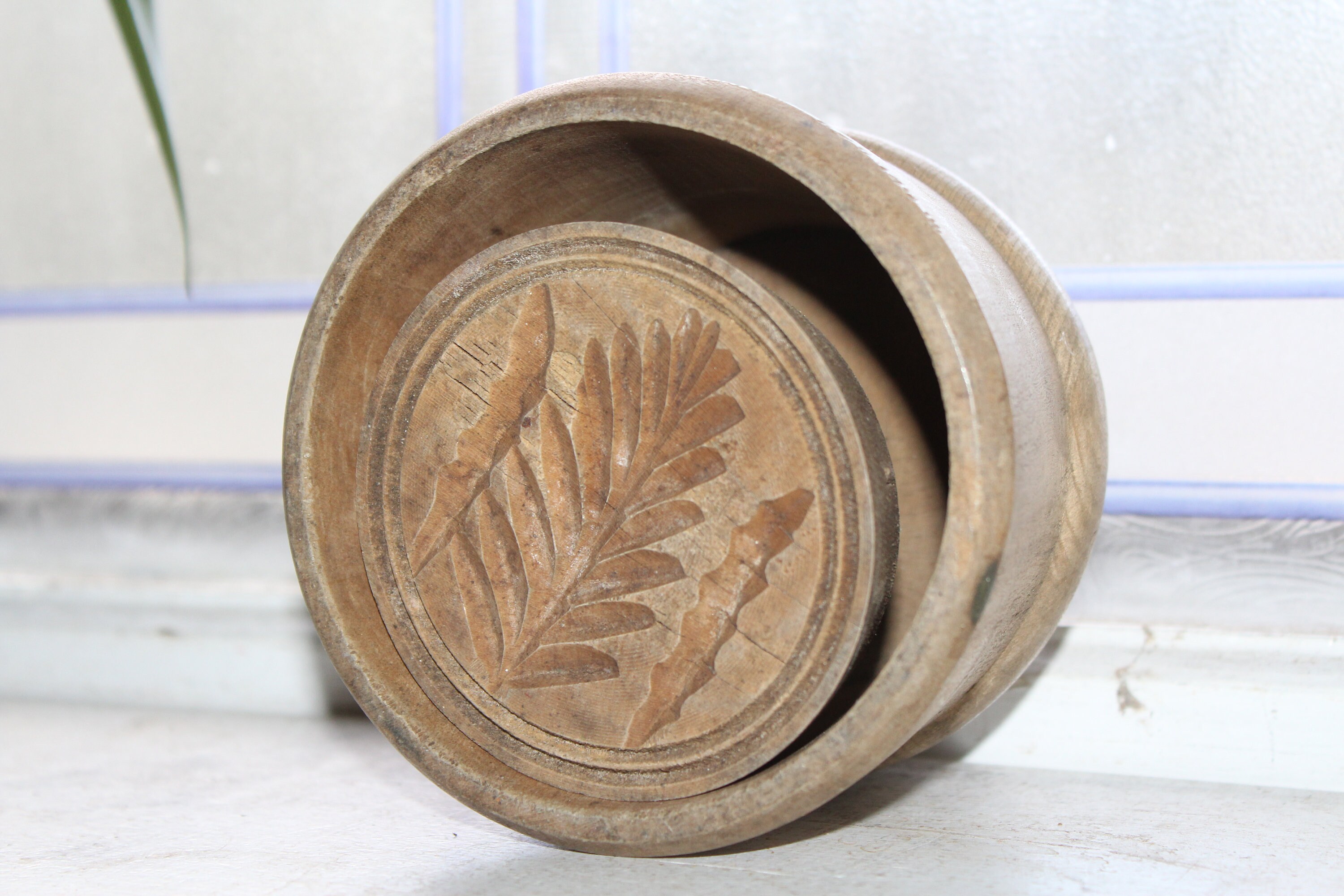 Large Antique Wooden Butter Mold with Fern Pattern