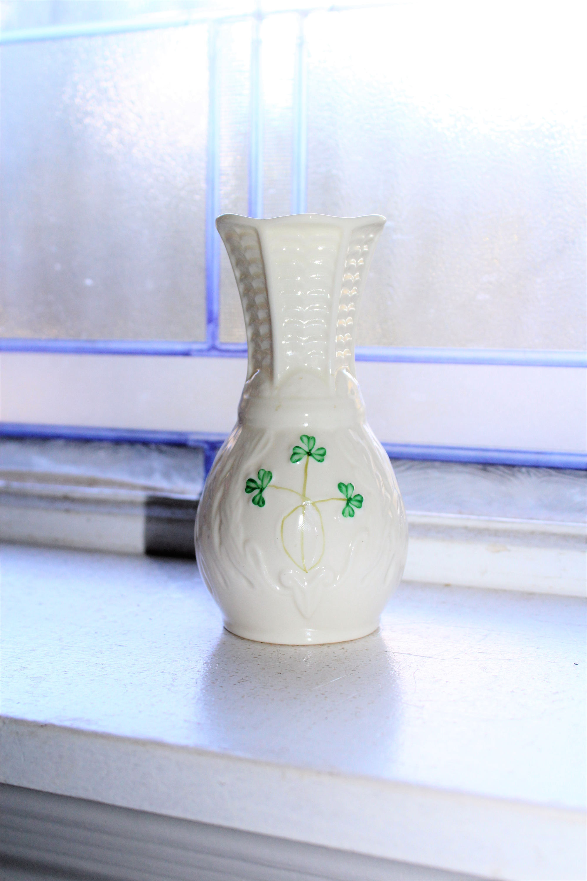 Vintage Belleek Vase Shamrocks On Cream Brown Mark 1989