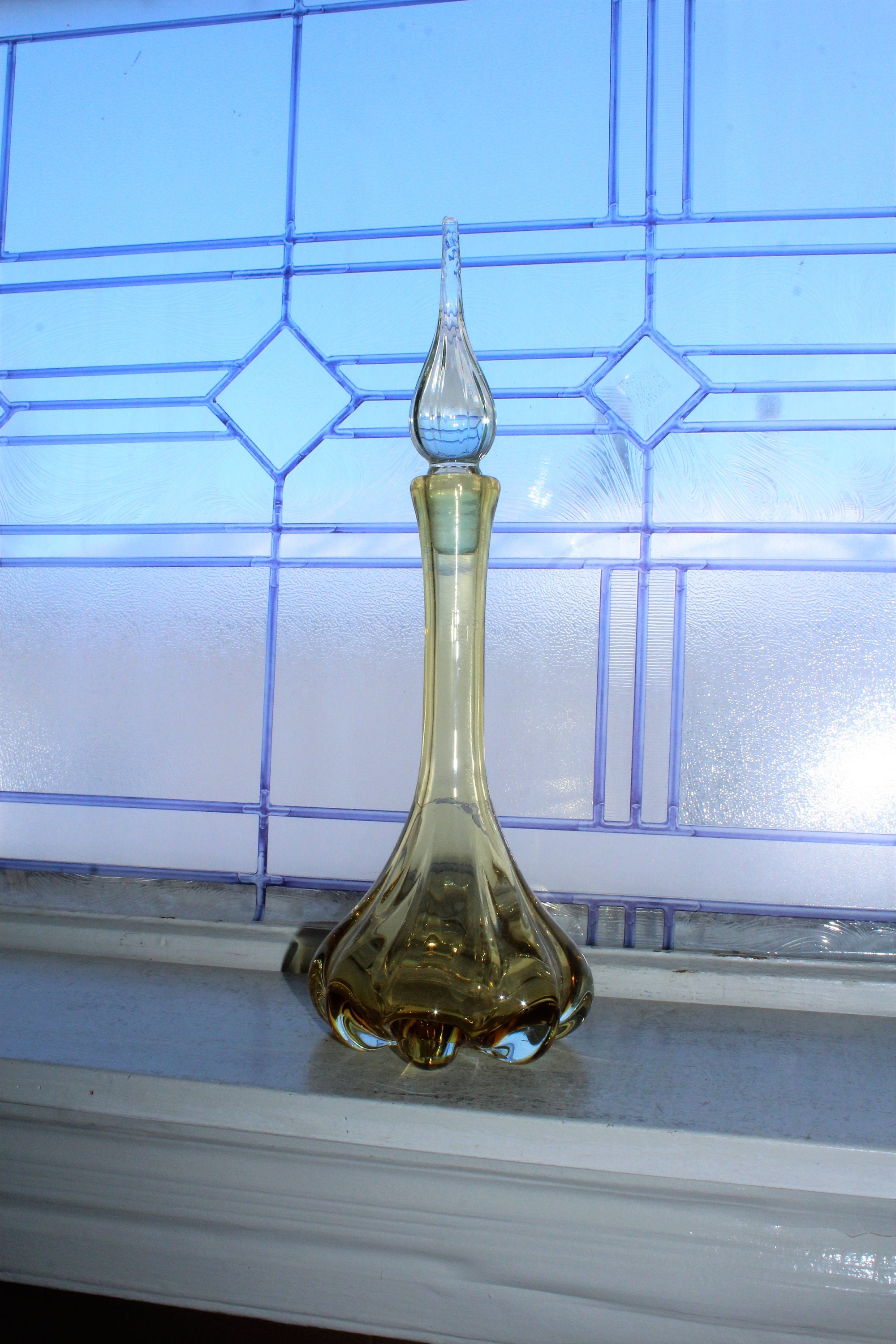 Mid Century Murano Amber Glass Lobed Base Decanter with Teardrop Stopper