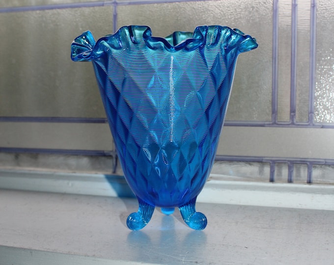 Fenton Blue Glass Quilted Ribbed Vase with 3 Feet