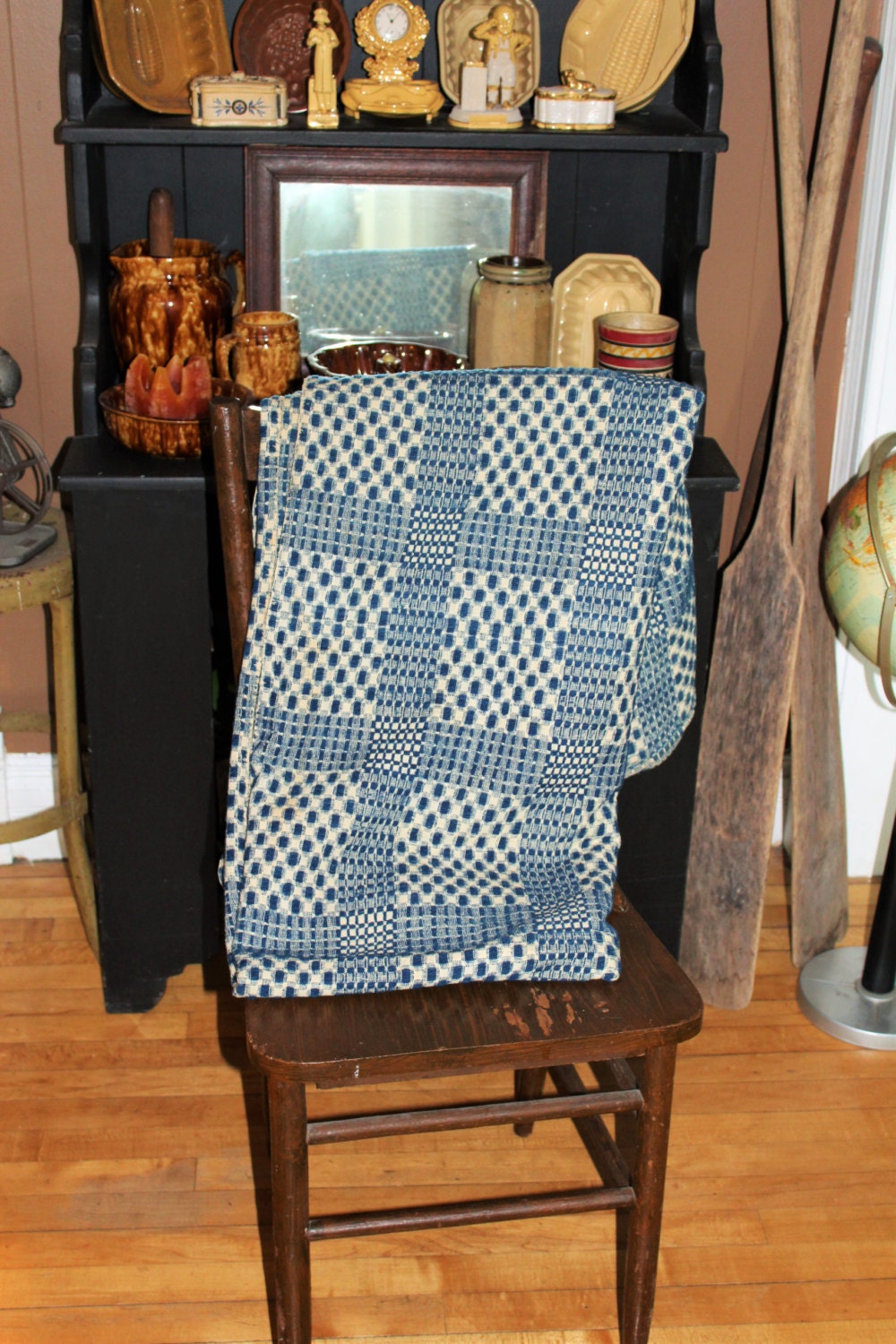 Mid 1800s Coverlet Indigo Blue and White Reversible Antique Jacquard Weave