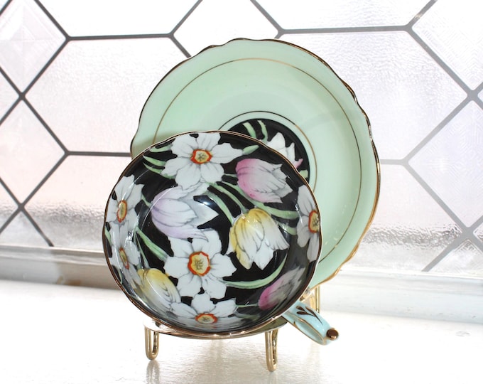 Paragon Tea Cup and Saucer Green and Black Vintage Bone China