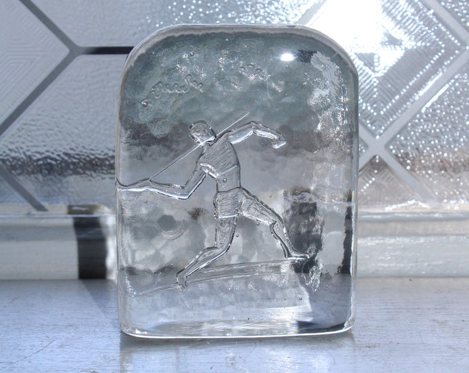 Randsfjord Glass Norwegian Crystal Javelin Thrower Paperweight