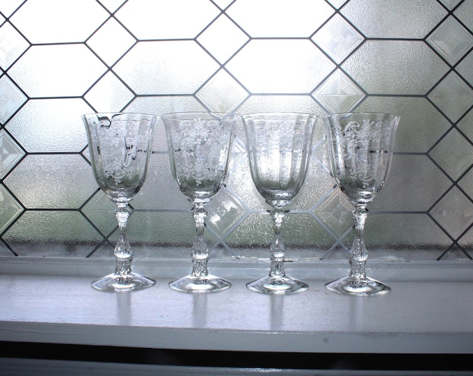 4 Fostoria Meadow Rose Water Goblets Wine Glasses Vintage 1940s