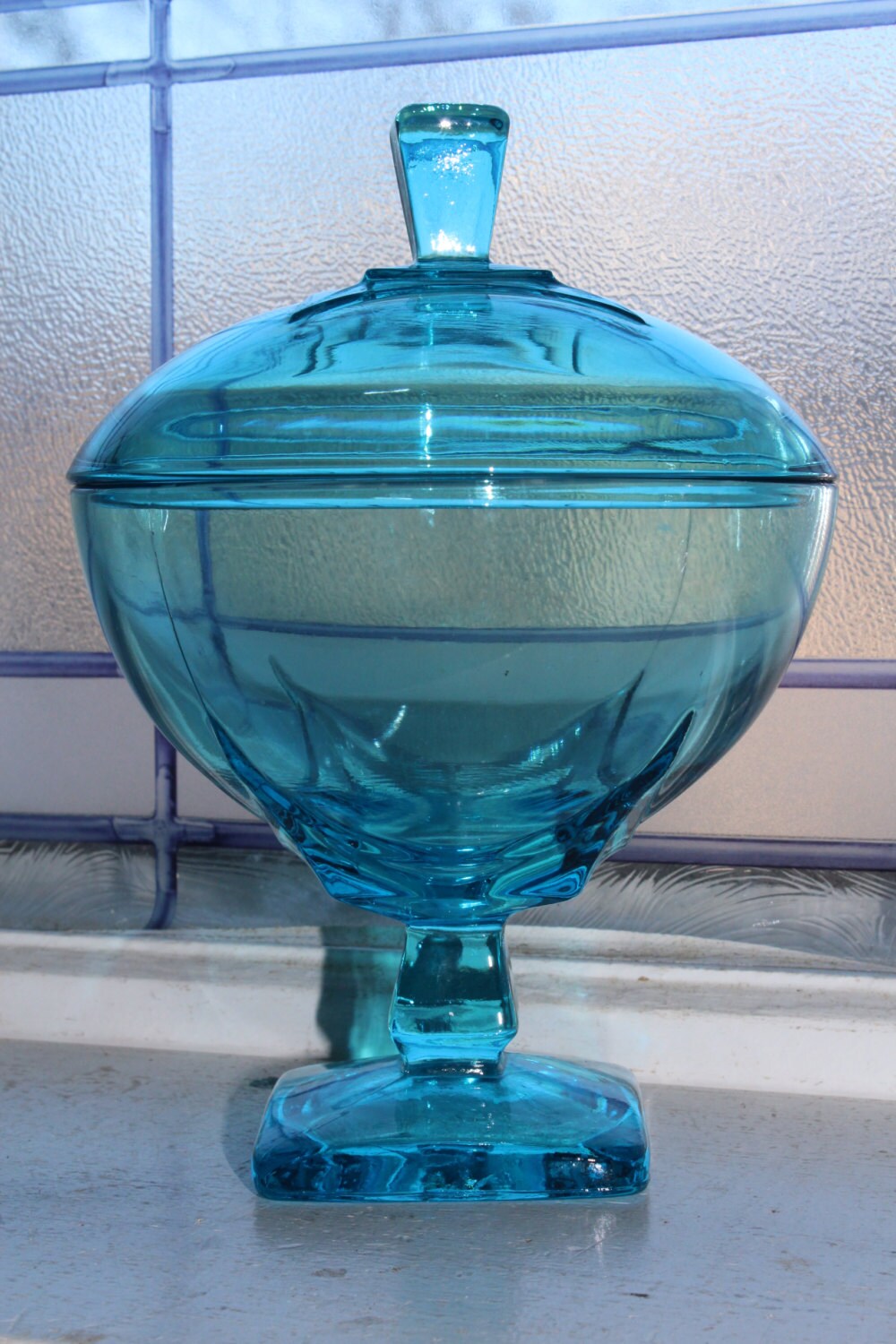 Vintage Capri Blue Glass Candy Dish Footed Hazel Atlas 1960s Compote