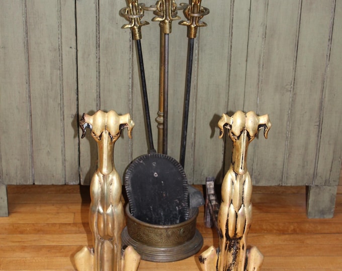Vintage 1930s Brass Dog Andirons & Fireplace Tools Tennessee Chrome Plate Co