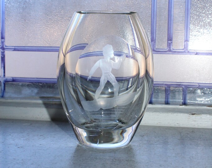 Vintage Skruf or Orrefors Crystal Vase Etched Bugle Boy