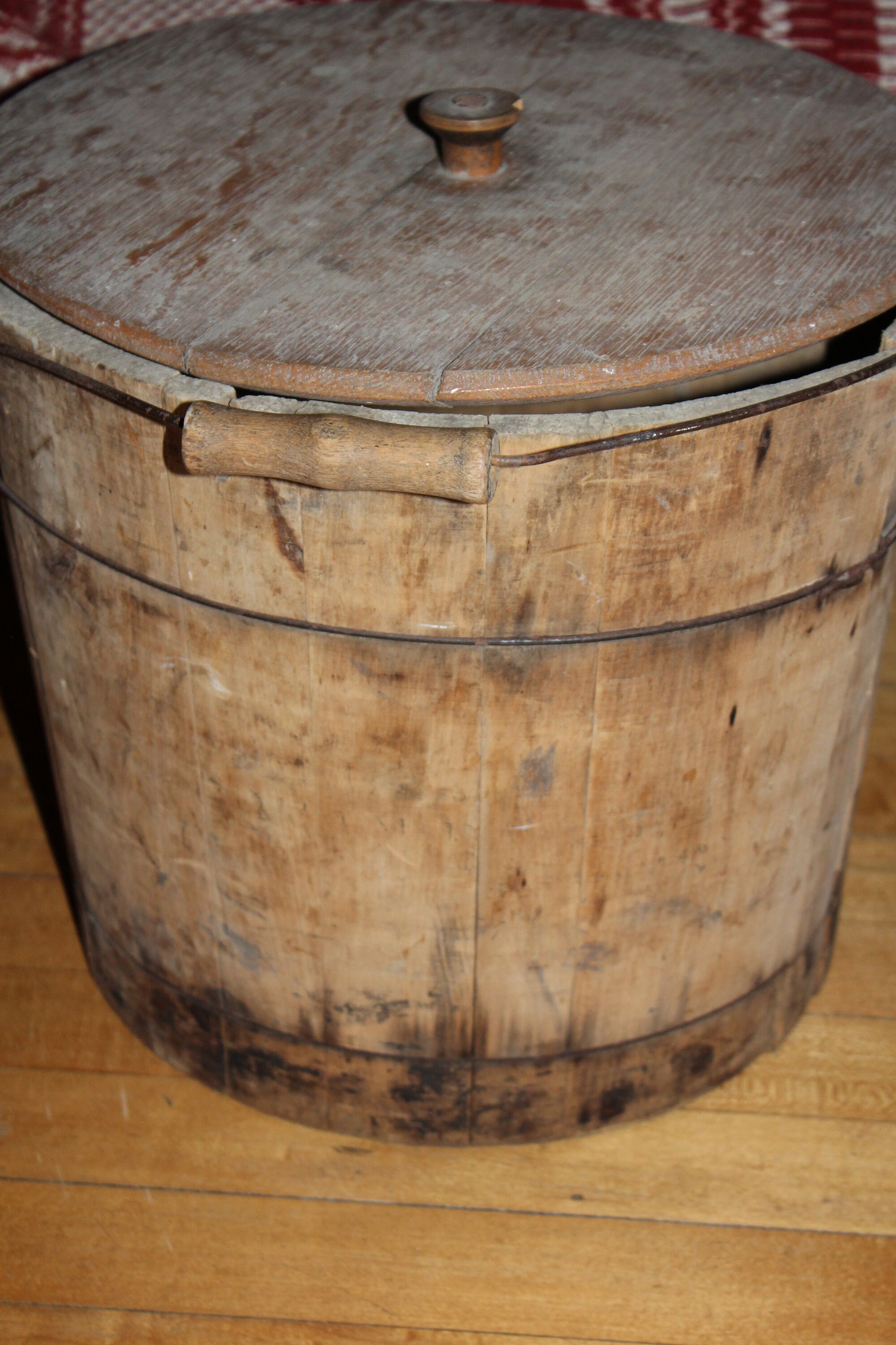 Large Antique Wooden Pail Bucket Wood Firkin Bail Handle and Lid