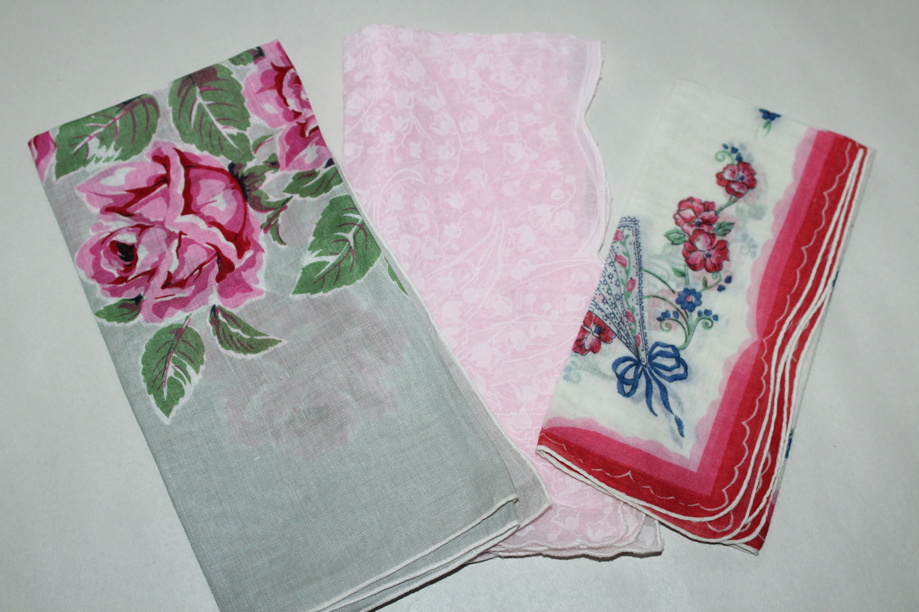 3 Vintage Ladies Handkerchiefs Mid Century Pink and Gray
