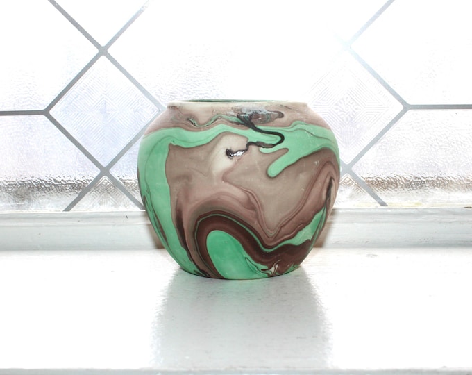 Vintage Seven Falls Art Pottery Vase Green Brown Swirl Nemadji Style