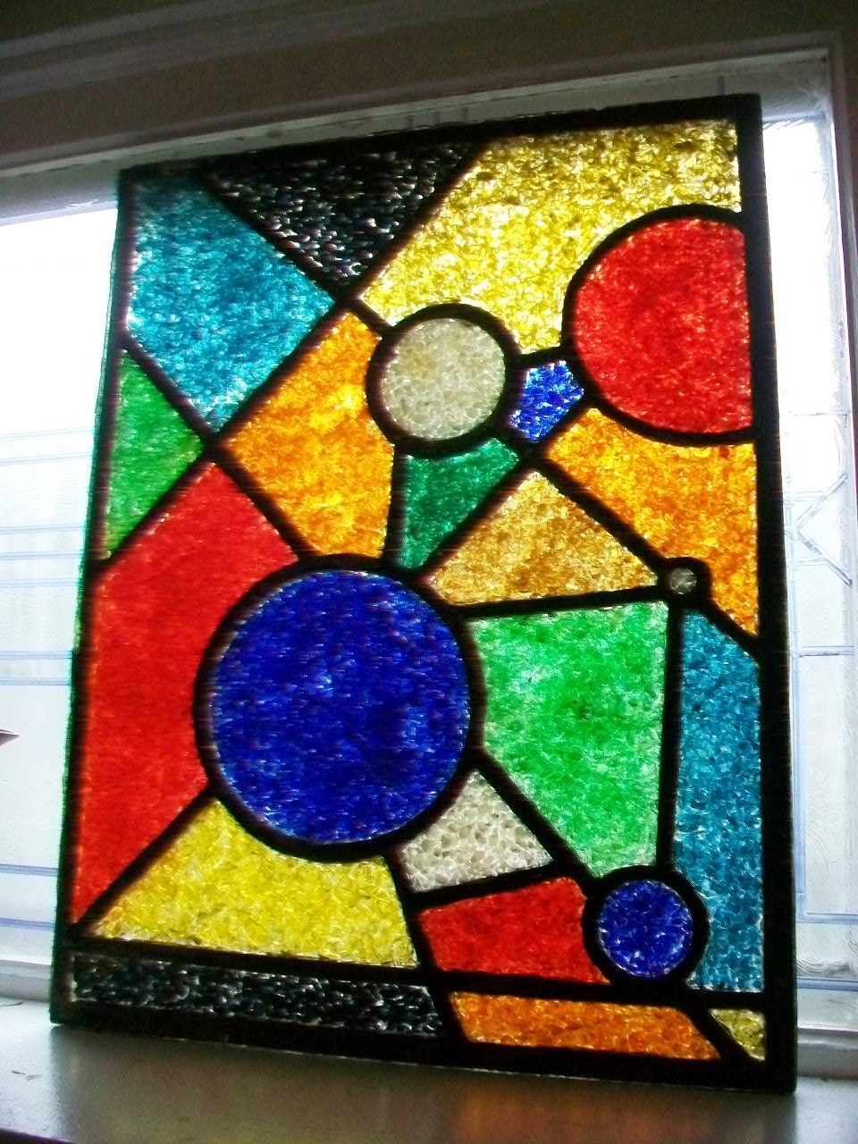 Vintage Stained Glass Style Fused Window Panel 1960s Modernism