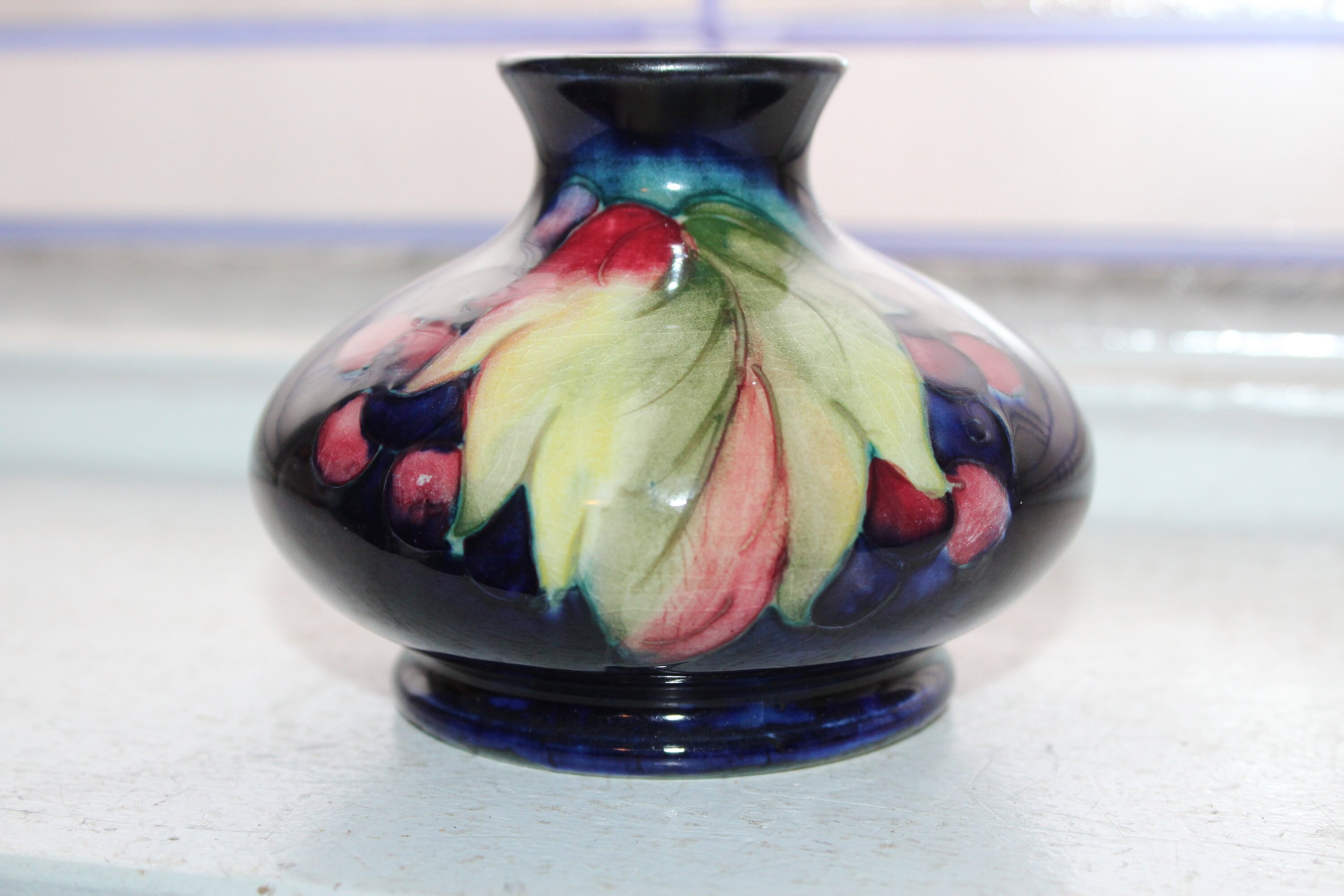 Vintage W Moorcroft Pottery Vase Cherries & Leaves on Cobalt Blue