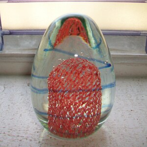 Egg Paperweight Orange Latice blue Spiral Vintage Art Glass
