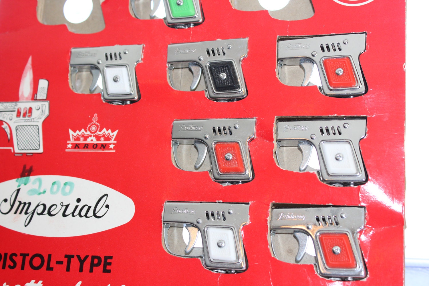 Pistol Lighter Display Board & 8 Partner Lighters Vintage 1960s