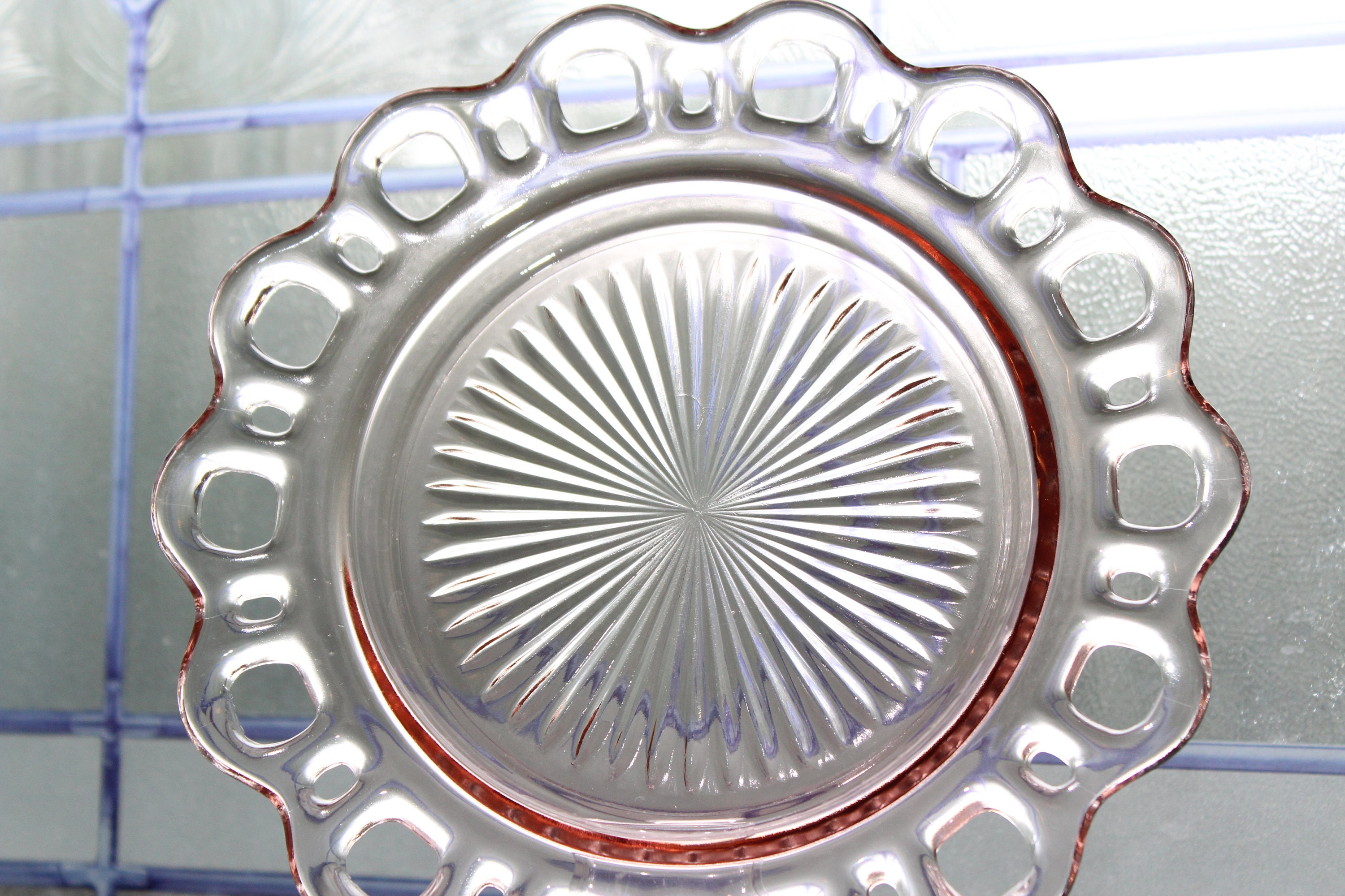 4 Pink Depression Glass Salad Plates Lace Edge Open Lace Vintage 1930s