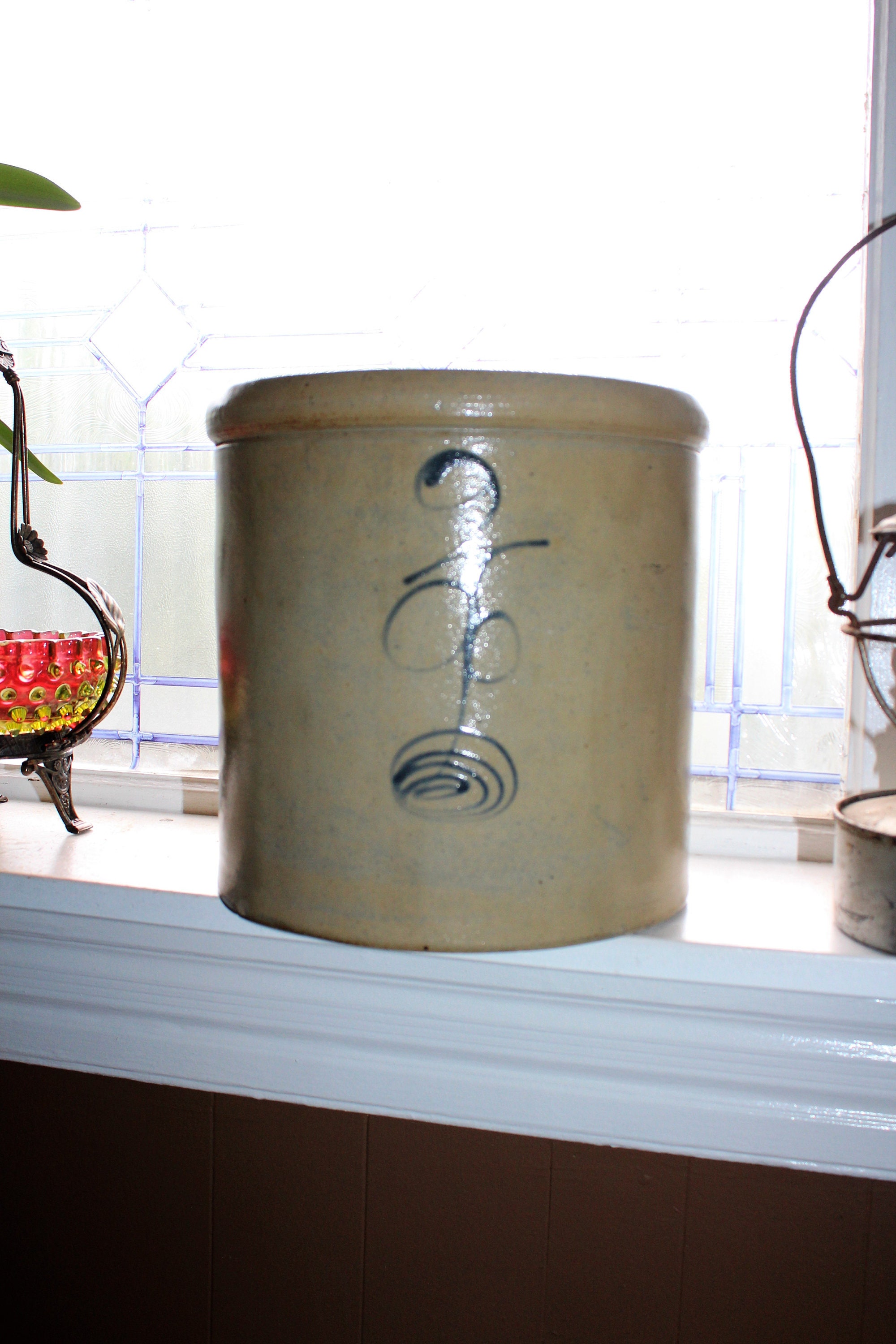 Antique Crock 2 Gallon Salt Glaze Stoneware With Cobalt Blue
