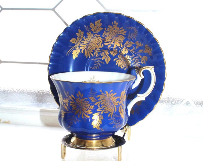 Royal Albert Teacup and Saucer Cobalt Blue & Gold Chrysanthemum Fine Bone China