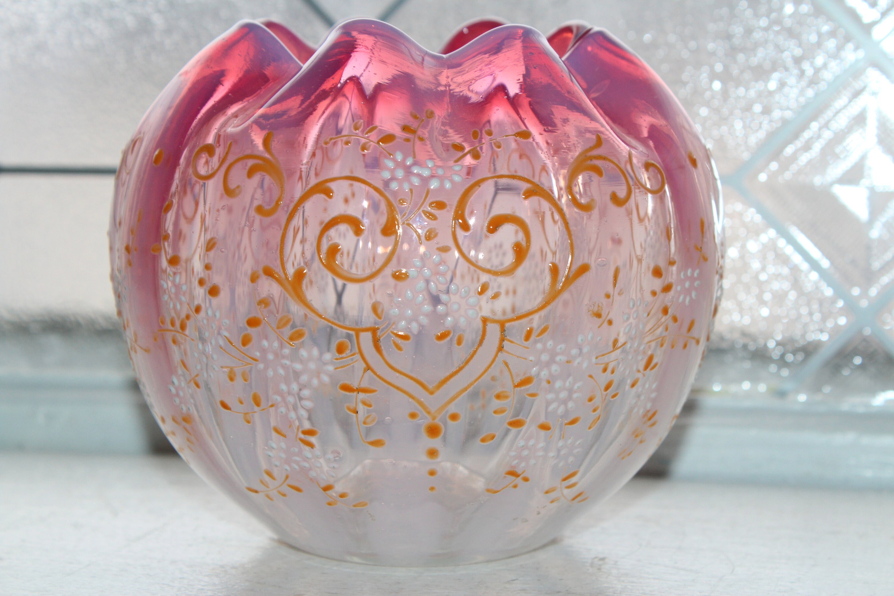 Antique Victorian Pink Glass Vase Rose Bowl Hand Painted