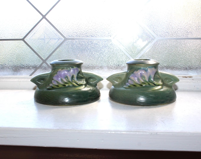 Roseville Pottery Candleholder Pair Green Freesia 1160-2 1940s Art Deco
