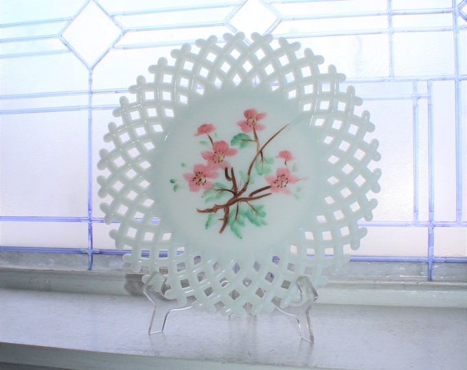 Vintage Lattice Edge Milk Glass Plate with Hand Painted Flowers