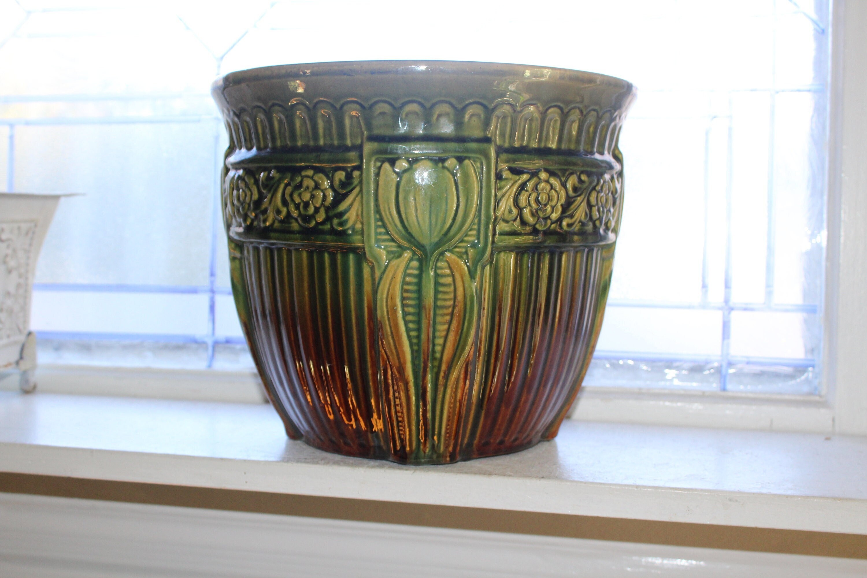 Large Art Nouveau Jardiniere Green and Brown Antique Stoneware 1900s