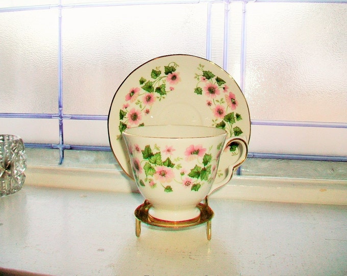 Queen Anne Tea Cup and Saucer Pink Flowers Vintage Bone China Made in England