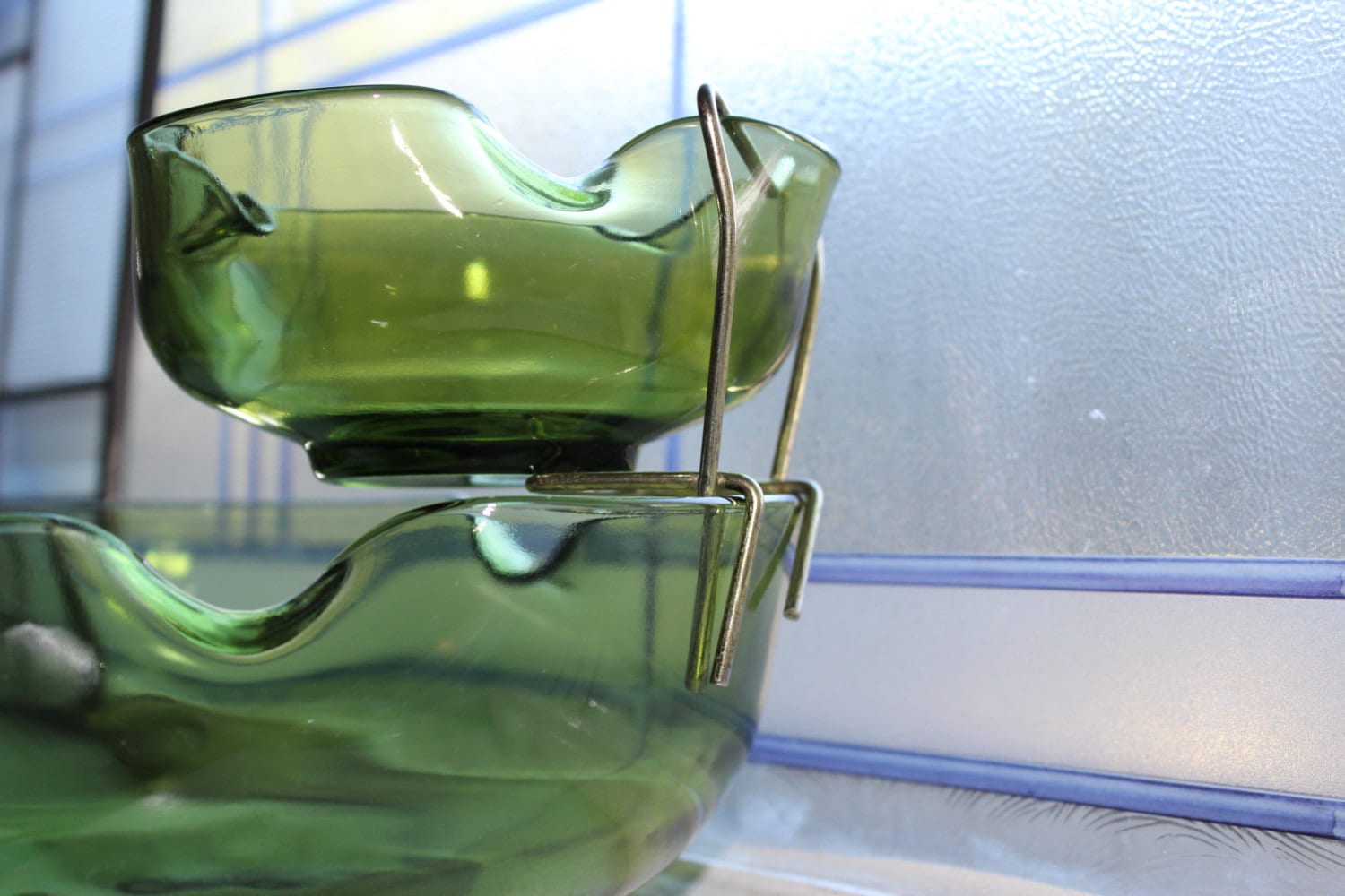 Retro Chip and Dip Green Glass Bowl Set Vintage 1970s